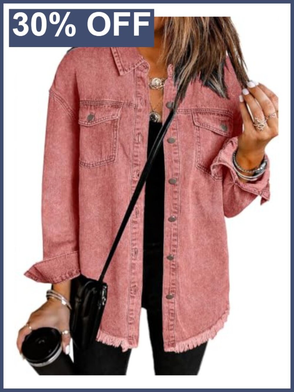 Oversized Button Up Frayed Hem Denim Shacket Jean Jacket Loose Fit